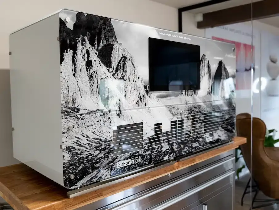 A dental laboratory milling unit shaping a restoration