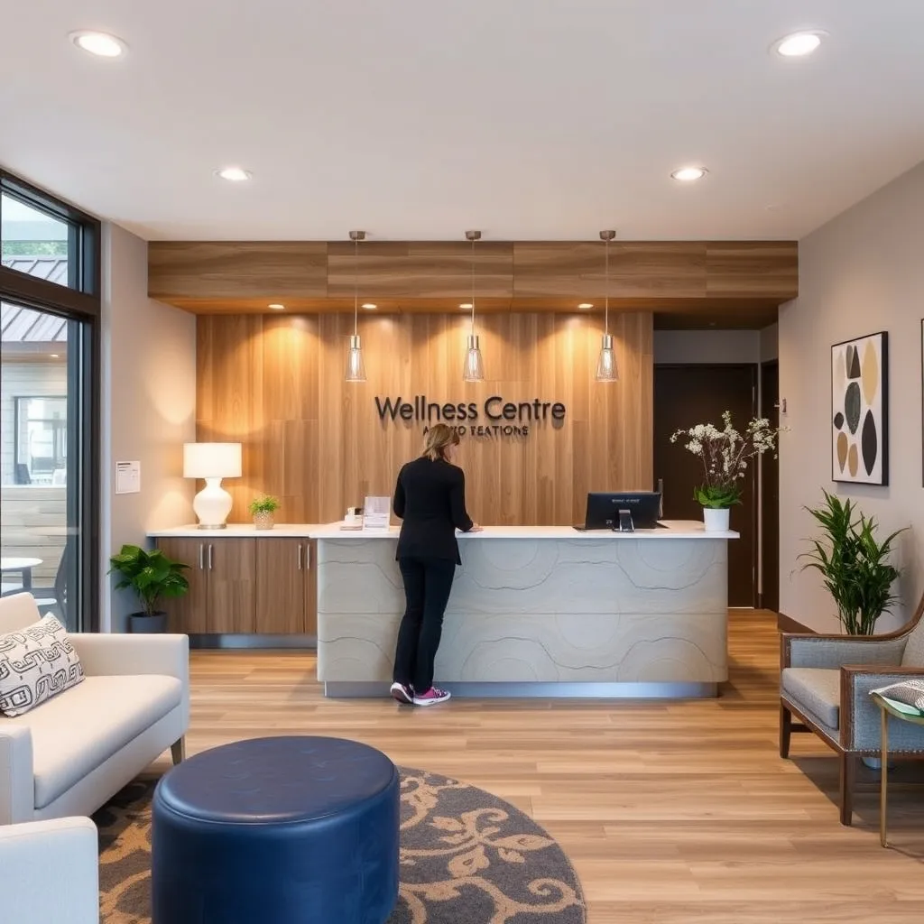 The reception area of the wellness centre, with soft lighting, timber panelling and seating