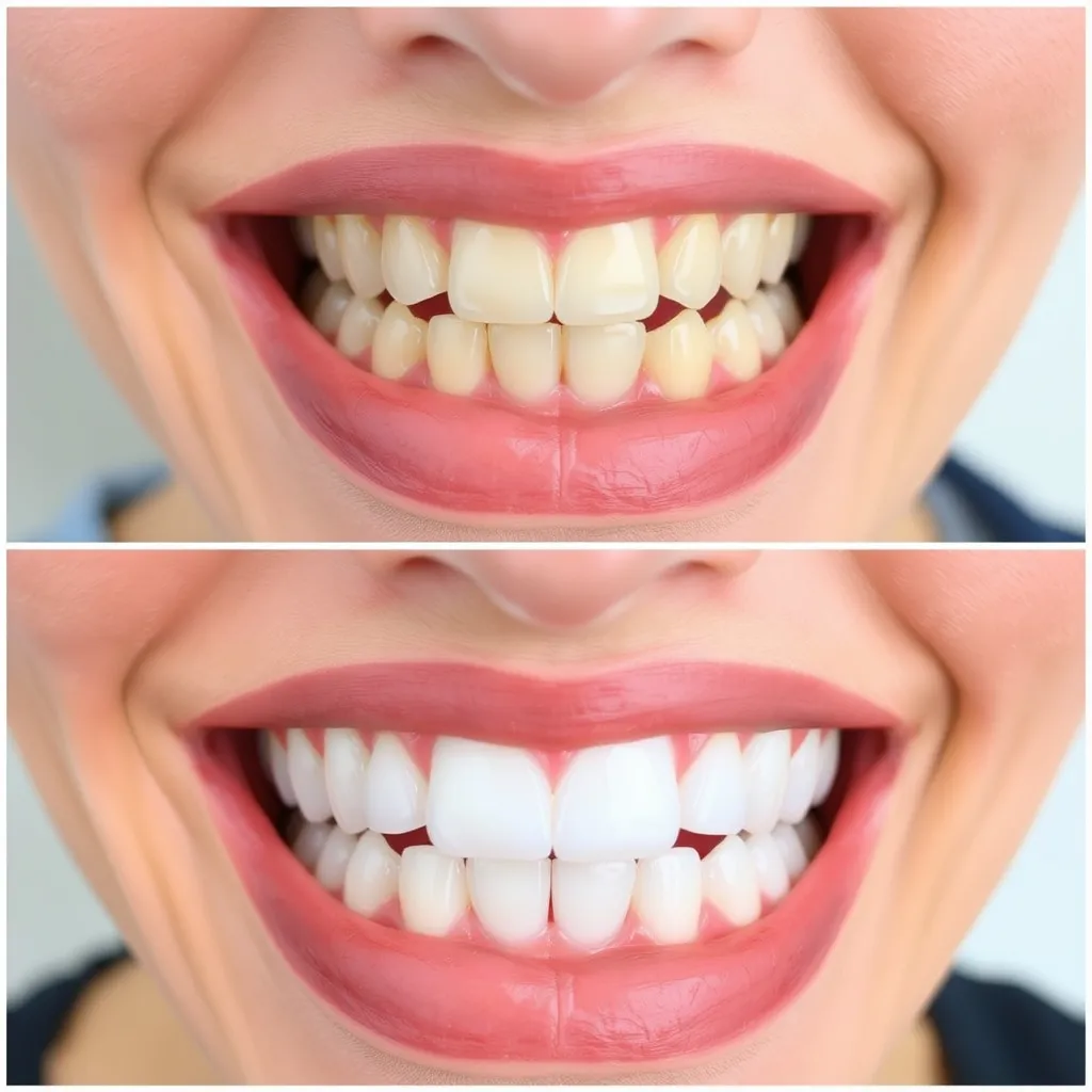 A set of teeth shown before and after whitening treatment
