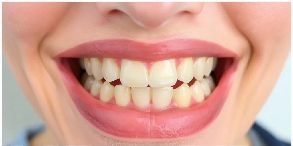 A close-up smile before whitening, with noticeably yellowed teeth